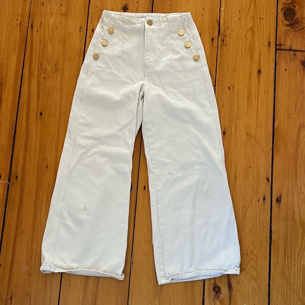 Zara Off-White Sailor style Pants with gold Button Accent